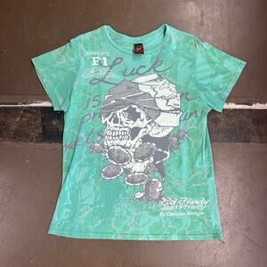 Vintage y2k Ed Hardy by Christian Audigier Skull Gothic all over print graphic